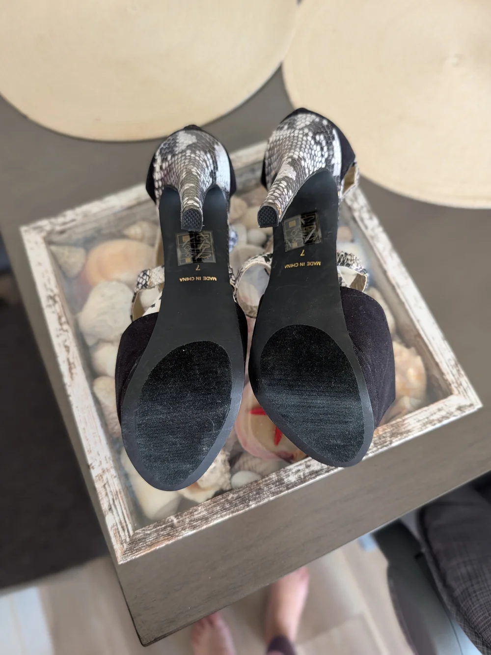 bebe Black & White Snake-Print Cutout High Heel Sandals